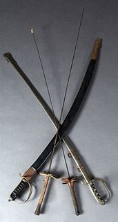Group of Four Swords, 20th c., consisting of a pair of fencing epees; an Indian Curved example with a leather scabbard; and a Model 1902 Infantry Sabe