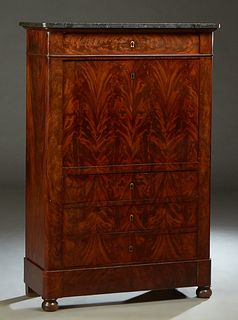 French Louis Philippe Carved Mahogany Marble Top Secretary Abattant, c. 1860, the rounded corner figured grey marble over a frieze drawer and a drop f