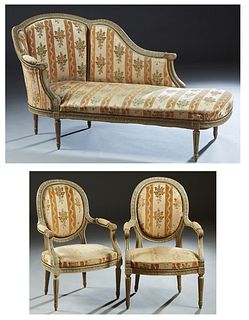 French Three Piece Louis XVI Style Polychromed Carved Beech Parlor Suite, c. 1900, consisting of a well carved recamier and a pair of medallion back f