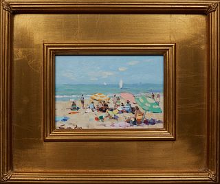 Niek van der Plas (1954-, Dutch), "Beach Scene," 20th c., oil on board, signed lower left, branded signature en verso, presented in a gilt frame, H.- 