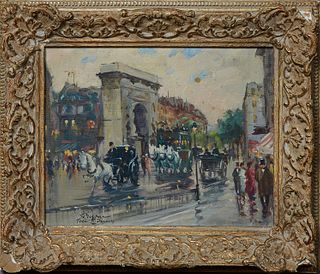 Francois Gerome (1895-, French), "Porte St. Denis," early 20th c., oil on canvas, signed and titled lower left, presented in a gilt frame, H.- 7 3/16 