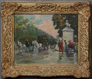 Francois Gerome (1895-, French), "L'Avenue Champs Elysees," early 20th c., oil on canvas, signed and titled lower left, presented in a painted frame, 