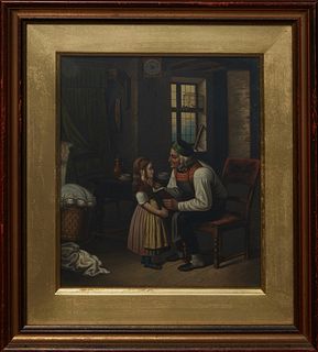 Continental School, "Father and Child," early 20th c., oil on canvas, unsigned, presented in a gilt frame, H.- 9 1/2 in., W.- 8 1/8 in., Framed H.- 14