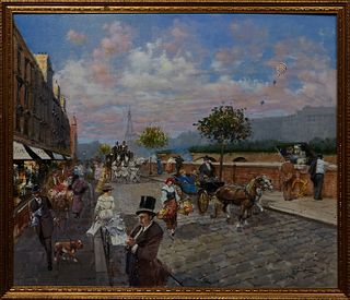 Francesco Tammaro (1939-, Italy/France), "Paris Street Scene Along the Seine River," late 20th c., oil on board, signed lower right, signed and titled