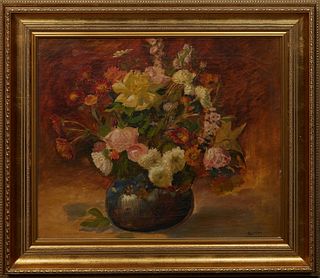 Continental School, "Bouquet of Flowers," 2005, oil on canvas, signed indistinctly and dated lower right, presented in a gilt frame, H.- 19 5/8 in., W