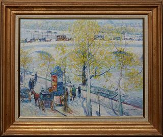 Bob Young, "Paris Street Scene Along the Seine," 20th c., oil on canvas, signed lower right, presented in a gilt frame, H.- 19 3/8 in., W.- 23 1/2 in.