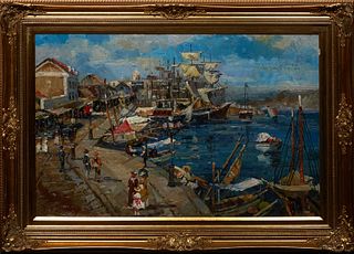 Chinese School, "Harbor Scene," 20th c., oil on canvas, signed indistinctly lower left, presented in a gilt frame, H.- 23 1/2 in., W.- 35 1/2 in., Fra