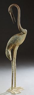 Patinated Bronze Garden Statue, 20th c., of a standing heron, on an integral shaped base, H.- 55 in., W.- 16 in., D.- 16 in. Provenance: Palmira, the 