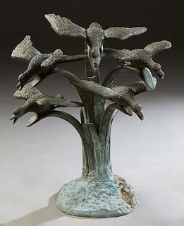 Patinated Bronze Fountain Figure, 20th c., of five ducks coming in for a landing, H.- 29 1/2 in., W.- 24 in., D.- 24 in. Provenance: Palmira, the Esta