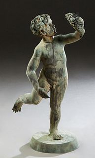 Patinated Bronze Fountain Figure, 20th c., of a putto holding a fish, on an integral circular base, H.- 32 in., W.- 12 in., D.- 20 in. Provenance: Pal