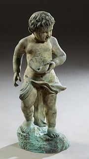 Large Patinated Bronze Fountain Figure, 20th c., of a putto holding a shell, H.- 45 1/2 in., D.- 16 in., D.- 19 in. Provenance: Palmira, the Estate of