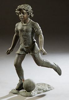 Large Patinated Bronze Fountain Figure, 20th c., of a boy standing on a large soccer ball, which is being pushed by another boy at the base, H.- 53 in