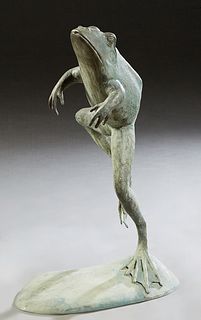Patinated Bronze Fountain Figure, 20th c., of a jumping frog, on a integral oval base, H.- 28 1/2 in., W.- 19 in., D.- 14 in. Provenance: Palmira, the