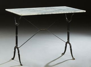 French Marble Top Wrought Iron Bistro Table, early 20th c., the figured white marble on trestle form supports with pad feet, joined by an iron strapwo
