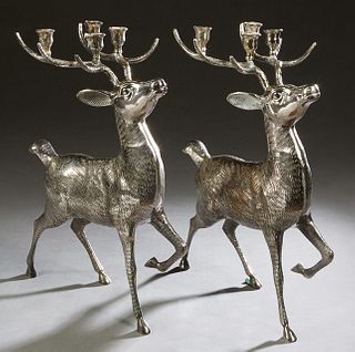 Pair of Silverplated Deer Form Four Light Candelabra, 20th c., by Dept. 56, H.- 19 1/2 in., W.- 4 in., D.- 14 1/2 in. (2 Pcs.)