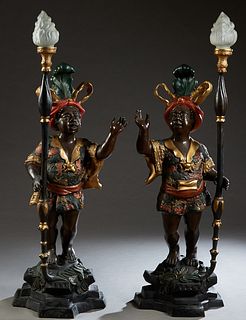 Pair of Large Polychromed Bronze Blackamoors, 20th c., on integral stepped bases, wired for lamps, with a frosted glass flammiform shade, H.- 61 1/2 i