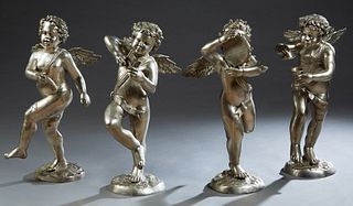 Set of Four Silvered Bronze Garden Figures, 20th c., of musical putti, on integral circular bases, H.- 33 in., W.- 18 in., D.- 10 1/2 in. Provenance: 