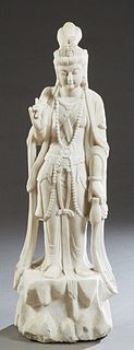 Large Carved Marble Garden Figure of a Standing Buddha, 20th c., with a branch in the right hand, on a integral base, H.- 42 in., W.- 15 in., D.- 10 i