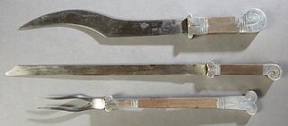Large Three Piece Mexican 940 Sterling Carving Set, 20th c., by Hector Aguilar, Taxco, consisting of a carving knife, fork and a slicing knife, each w