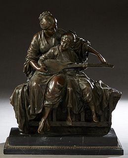 Milo, "Mother and Child Playing a Stringed Instrument," 20th c., patinated bronze, on a bronze mounted black marble plinth, H.- 20 1/2 in., W.- 16 1/4