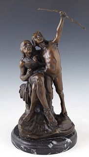 American School, "Native American Bow and Arrow Lesson," 20th/21st c., patinated bronze, on a stepped circular figured black marble plinth, Figure H.-