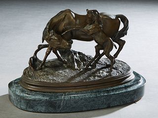 After P.J. Mene (1810-1879, French), "Mare and Foal," 20th c., patinated bronze, signed on proper left top of stepped integral base, on a highly figur