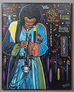 Tommy Yow (New Orleans), "Gateway," 21st c., acrylic on canvas, signed lower right, portrait of Miles Davis from a 1991 Jazz Fest performance, unframe