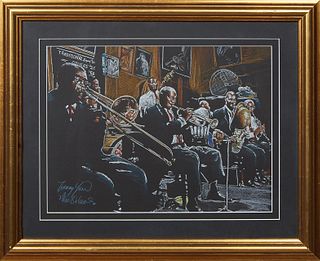 Tommy Yow (New Orleans), "Preservation Hall Jazz Band," 20th c., chalk pastel on paper, signed lower left, presented in a gilt frame, H.- 11 1/2 in., 