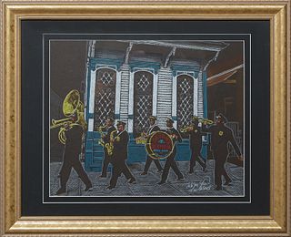 Tommy Yow (New Orleans), "Dejan's Olympic Brass Band," 21st c., pastel on paper, signed lower right, presented in a gilt wood frame, H.- 12 1/4 in., W