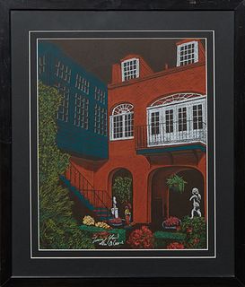 Tommy Yow (New Orleans), "New Orleans Courtyard," 20th c., chalk pastel on paper, signed lower left, presented in a black frame, H.- 14 in., W.- 11 in