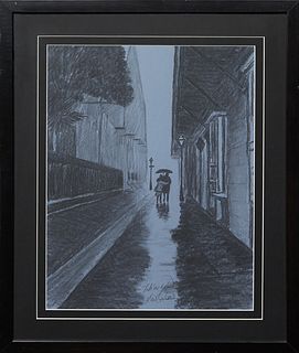 Tommy Yow (New Orleans), "Couple Walking Through the French Quarter," 21st c., charcoal on paper, signed lower center, presented in an ebonized wood f