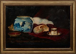 Jean Leon Gouweloos (1868-1943, Belgium), "Still Life of Chinese Jar and Nautilus Shell," early 20th c., oil on canvas, signed lower left, presented i