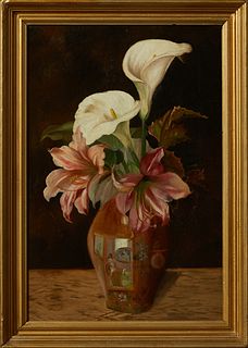 Continental School, "Still Life of Calla Lily and Amaryllis," 20th c. oil on canvas, unsigned, presented in a gilt frame, H.- 20 1/4 in., W.- 13 3/8 i