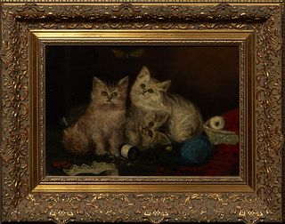 Eyres, "Three Kittens Playing," 1906, oil on canvas laid to board, signed and dated lower left, presented in a gilt frame, H.- 11 1/2 in., W.- 17 5/8 