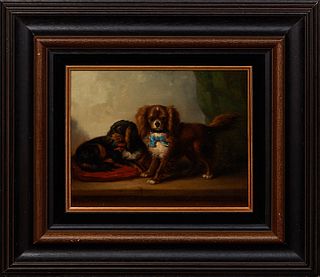 Conradyn Cunaeus (1828-1895, Dutch), "Two Spaniels with Bowties," 20th c., oil on panel, signed lower left, presented in a wood frame, H.- 8 3/4 in., 