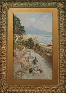 Continental School, "The Bay of Naples with Mt. Vesuvius," 20th c., gouache on board, unsigned, presented in a gilt frame, H.- 16 7/8 in., W.- 9 3/4 i