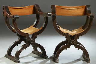 Pair of French Carved Oak Savanarola Style Chairs, 19th c., the gold velvet cloth back to scrolled arms, over a U-shaped gold velvet seat, on curved X