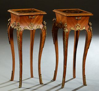 Diminutive Pair of Louis XV Style Inlaid Mahogany Side Tables, 20th c., the stepped floral inlaid dished top over a small frieze drawer, on ormolu mou