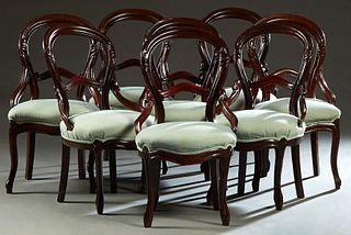 Set of Eight Louis XV Style Dining Chairs, 19th c., the canted open oval medallion back over a bowed seat, on reeded cabriole legs with toupie feet, i