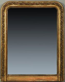 French Louis Philippe Style Gilt and Gesso Overmantel Mirror, 19th c., the rounded corner frame with applied twist carving around a beaded liner and a