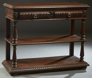 French Provincial Henri II Style Marble Top Carved Oak Serving Trolley, 19th c., the lifting lid with a fold out shelf over an inset figured white mar