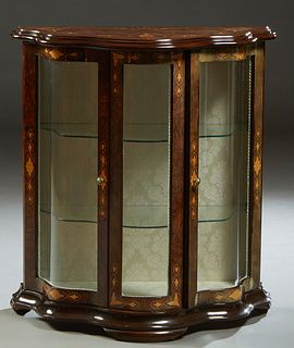 Diminutive Italian Style Inlaid Walnut Curved Glass Curio Cabinet, 20th/21st c., the stepped bowed top over a curved glass center, flanked by double c