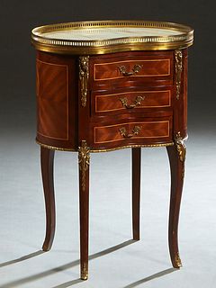 French Louis XV Style Ormolu Mounted Inlaid Mahogany Marble Top Nightstand, 20th c., the brass galleried kidney shaped figured white marble over a cen