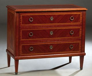 French Louis XVI Style Inlaid Mahogany Commode, 20th c., the stepped top over three drawers flanked by inset pilasters, on tapered square legs with or