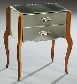 French Art Deco Carved Mahogany Nightstand, 20th c., with a canted cut edge mirror top over two mirror fronted drawer, on square cabriole legs, H.- 24