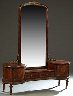 Inlaid Ormolu Mounted Mahogany Dressing Table, c. 1940, the arched beveled edge mirror, over two convex frieze drawers, flanked by rounded door cupboa
