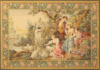 French Wool Tapestry, 20th c., with a wide border of roses around a garden scene of figures and sheep around a fountain, on a pine frame backing, H.- 