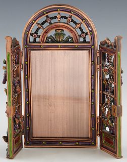 Jay Strongwater Folding Enameled Copper Triptych Picture Frame, mounted with faux precious stones, H.- 6 3/4 in., W.- Closed- 3 1/2 in., Open- 7 in., 