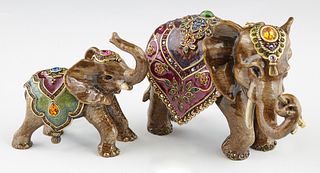 Pair of Jay Strongwater Bronze Faux Jewel Studded Elephant Figures, 20th c., of a mother and a baby, Mother- H.- 4 in., W.- 5 1/4 in., D.- 2 in. (2 Pc