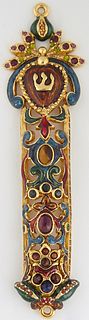 Jay Strongwater Gilt Bronze Enameled Mezzuzah, 20th c., mounted with faux semi-precious stones, with original box, H.- 4 5/8 in., W.- 1 1/4 in., D.- 1